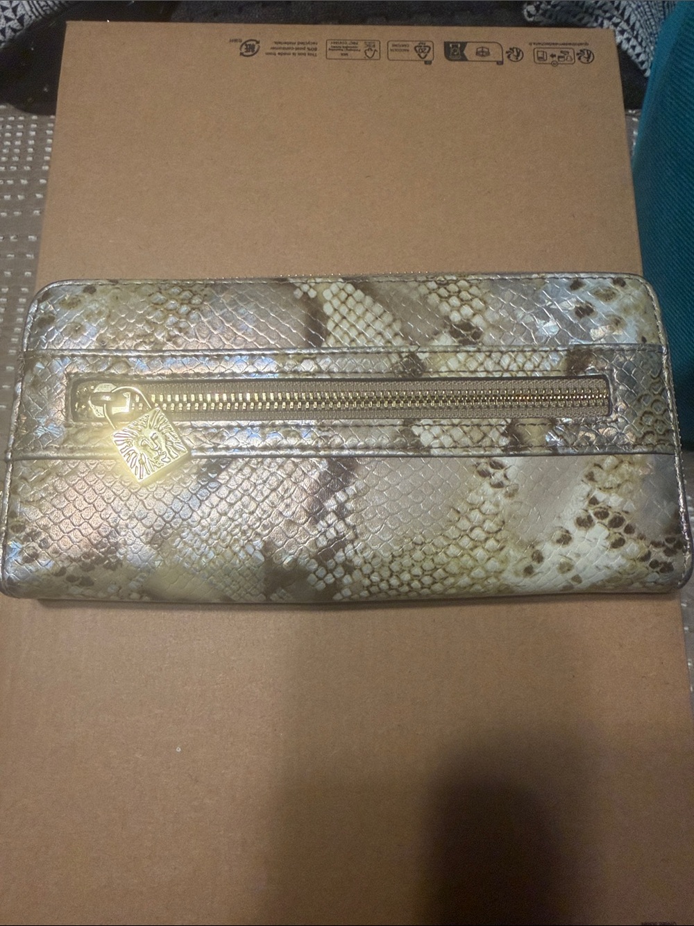Anne Klein Gold Snake-Print Zip Wallet